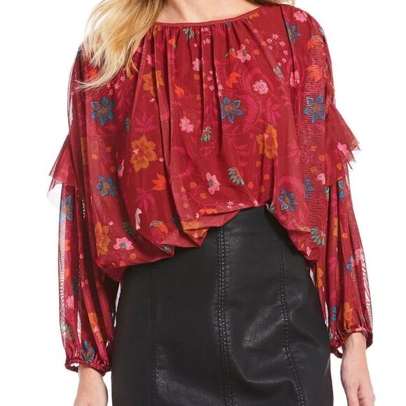 Free People Floral Chiffon Ruffled Blouse XS - Picture 2 of 9